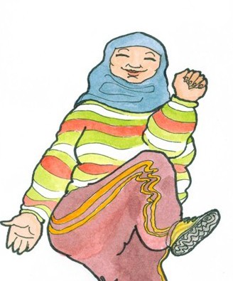 My brief was "women in scarves doing elbow to knee aerobics"