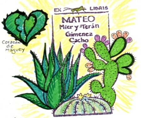 Drawing of a rubber stamp of agave, maguey, cactus, nopal biznaga as an "Ex Libris".