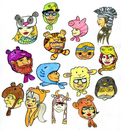 A coloured drawing of people wearing animal hats