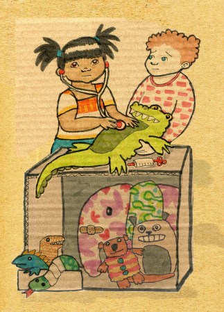 Children diagnosing a soft toy crocodile's ailments. 